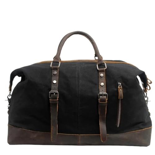 Große Kapazität Herren Handtasche Reisetasche Batik Canvas mit Rindsleder Umhängetasche Gepäcktasche Handheld Seesack(Black) von CNYUON