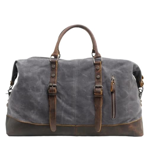 Große Kapazität Herren Handtasche Reisetasche Batik Canvas mit Rindsleder Umhängetasche Gepäcktasche Handheld Seesack(Dark Grey) von CNYUON