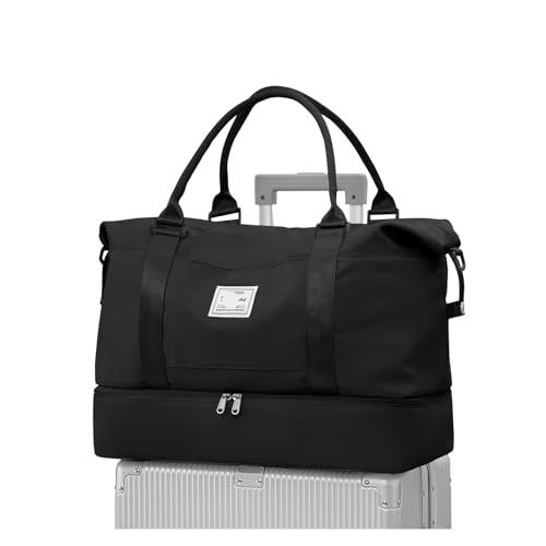 Reise-Seesack, Sport-Tragetasche, Sporttasche, Schulter-Wochenend-Übernachtungstasche for Damen mit Trolley-Hülle, Faltbare Handgepäcktasche(Black) von CNYUON