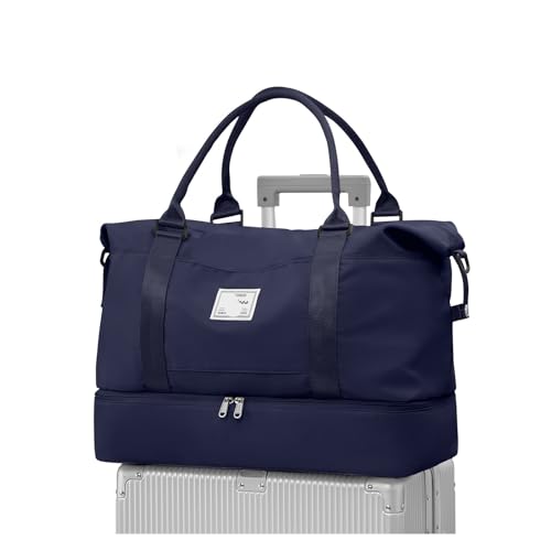 Reise-Seesack, Sport-Tragetasche, Sporttasche, Schulter-Wochenend-Übernachtungstasche for Damen mit Trolley-Hülle, Faltbare Handgepäcktasche(DEEP Blue) von CNYUON