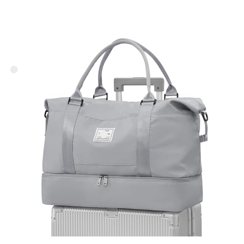 Reise-Seesack, Sport-Tragetasche, Sporttasche, Schulter-Wochenend-Übernachtungstasche for Damen mit Trolley-Hülle, Faltbare Handgepäcktasche(Grey) von CNYUON