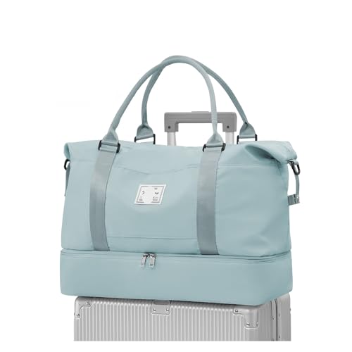 Reise-Seesack, Sport-Tragetasche, Sporttasche, Schulter-Wochenend-Übernachtungstasche for Damen mit Trolley-Hülle, Faltbare Handgepäcktasche(Light Blue) von CNYUON