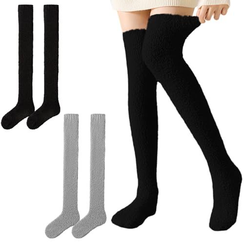 2 Paar kniehohe Plüschsocken, Herbst und Winter warme Socken, lange verdickte Plüschsocken, flauschige Pantoffelsocken, bequeme Schlafsocken, dicke Socken für Frauen, kältebeständige Plüschsocken von COACOM