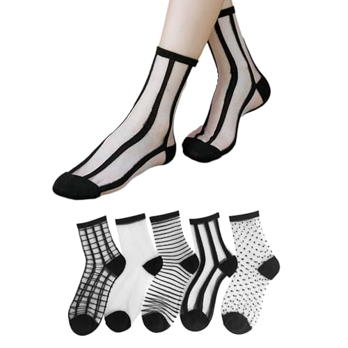 5 Paar schwarze transparente Strümpfe, Socken mit Spitzenrand, dünne Socken, modische dünne Söckchen, mit klassischem atmungsaktivem Mesh-Design, geeignet für den Sommer. von COACOM