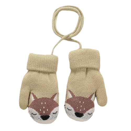 COACOM 1 Paar Babyhandschuhe, Gestrickte Winter-Fäustlinge mit Schnur, Kleinkind-Fäustlinge mit Kleinem Tiermuster, Verdickte Fäustlinge, Outdoor-Handschuhe Aus Samt, für 1–3 Jahre Alt (Farbe: Khaki) von COACOM