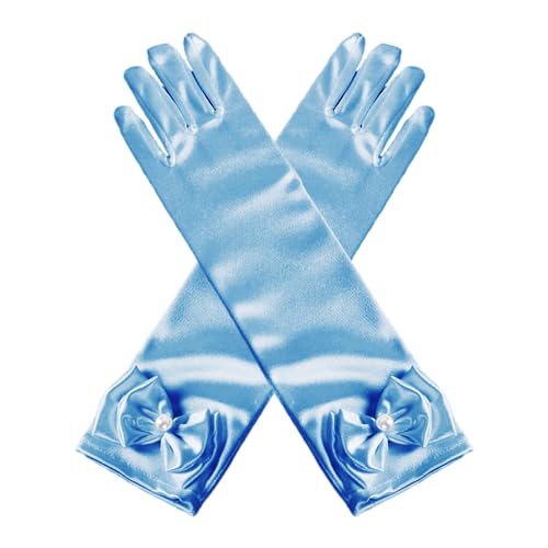 COACOM 1 Stück blaue Schmetterlingshandschuhe für Damen, Aschenputtel-Prinzessinnenhandschuhe mit Schleifenverzierung, Satinhandschuhe, Kleiderhandschuhe. von COACOM