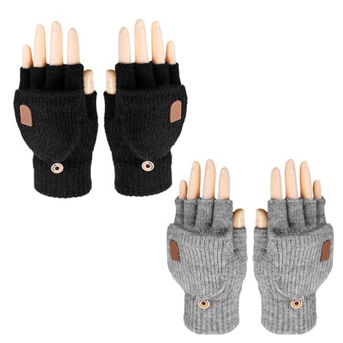 COACOM 2 Paar Fingerlose Flip-Handschuhe, Touchscreen-Thermohandschuhe, Winter-Fleece-Handschuhe, Unisex-Fingerlose Handschuhe(Schwarz, Grau) von COACOM