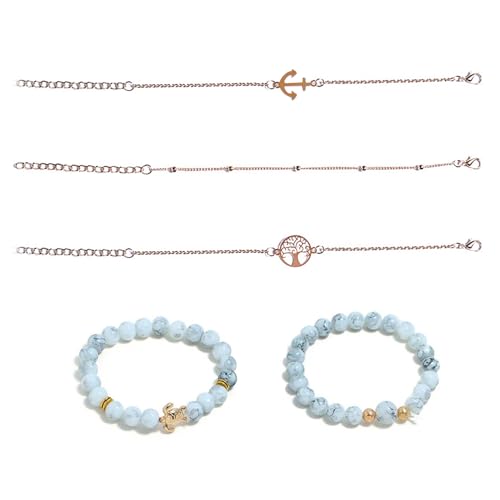 COACOM 5-Teiliges Mädchen-Armband-Set, Verstellbar, Schildkröten-Türkis-Gold-Baum-Anker-Design, Damen-Accessoires von COACOM