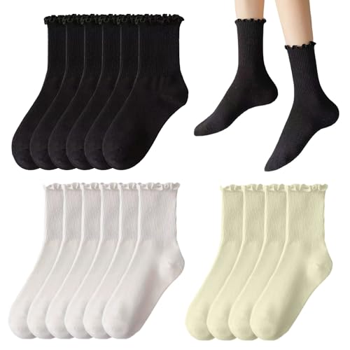 COACOM 8 Paar Damen Rüschensocken, plissierte Baumwollsocken, süße Florsocken, elastische Mittelwadensocken (schwarz, weiß, milchig weiß) von COACOM