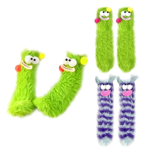 COACOM Zwei Paar Flauschige Plüschsocken (Lila + Grün), Lustige Cartoon-Socken, Dreidimensionale Monstersocken, Warme Und Bequeme Wintersocken, Geeignet Für Damen-Weihnachtssocken von COACOM