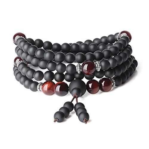 COAI 108 Mala Perlenkette aus Matter Onyx und Rotes Tigerauge Edelstein Wickelarmband von COAI