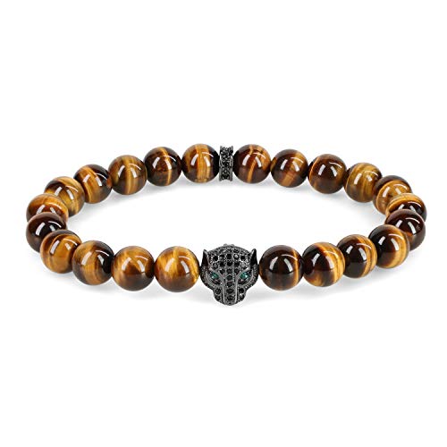 COAI Gelbes Tigerauge Perlenarmband mit Panther-Kopf-Charm – Braunes Kristall Armband für Herren von COAI