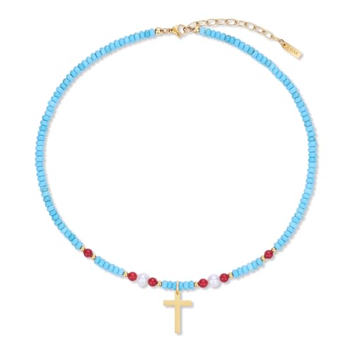 COAI Blaue Türkis Perlenkette mit Kreuz Anhänger aus echten Perlen und roter Korallenjade für Damen Frauen von COAI