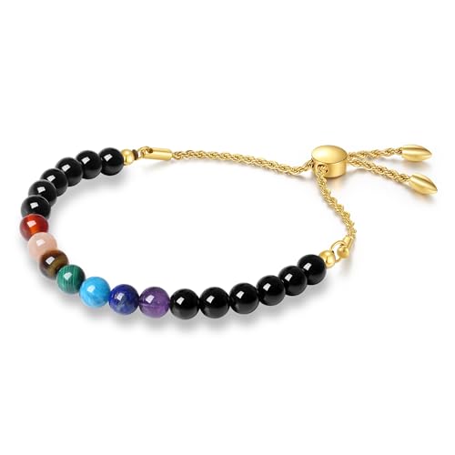 COAI Damen Chakra Armband mit natürlichen Schwarzen Turmalin Perlen und Chakra Steinen von COAI