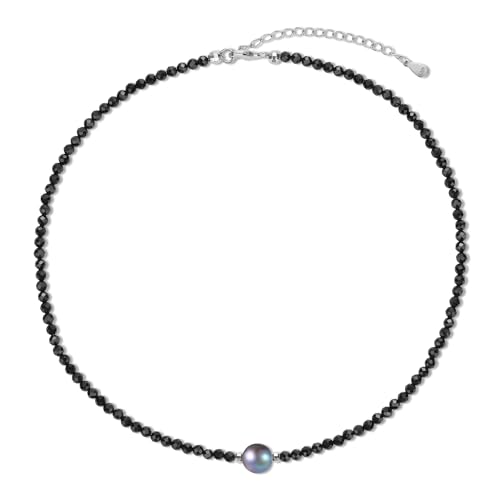 COAI Damen Halskette mit Natürlichen 9mm Schwarzen Süßwasserperlen und 4mm Spinellsteinen von COAI