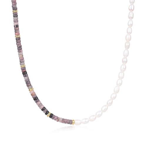COAI Damen Kristall Halskette mit natürlichen Süßwasserperlen und Rhodonit Stein von COAI