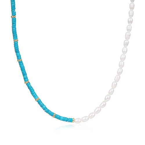 COAI Damen Kristall Halskette mit natürlichen Süßwasserperlen und Türkis Stein von COAI