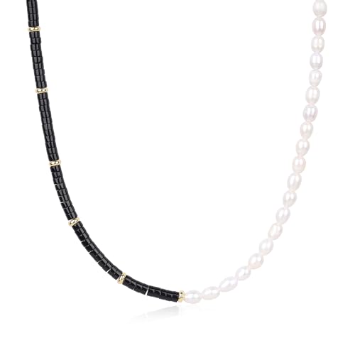 COAI Damen Kristall Halskette mit natürlichen Süßwasserperlen und schwarzer Stein von COAI