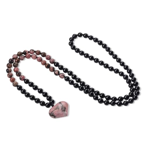 COAI Damen Kristall Perlenkette 108 Mala Halskette mit Rhodonit Herzanhänger und Schwarzer Onyx Perlen COAI Damen Kristall Perlenkette 108 Mala Halskette mit Rhodonit Herzanhänger und Schwarzer Onyx Perlen von COAI