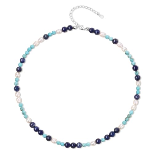 COAI Damen Perlenkette Dreifarbig aus Lapislazuli Weiße Perlen Synthetischer Türkis mit Weißgoldkette Geschenk für Mutter Freundin von COAI