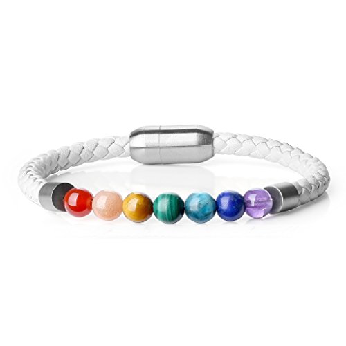 COAI Damen Weißes Glücksarmband Reiki Armband Lederarmband mit 7 Chakren aus Edelsteine von COAI