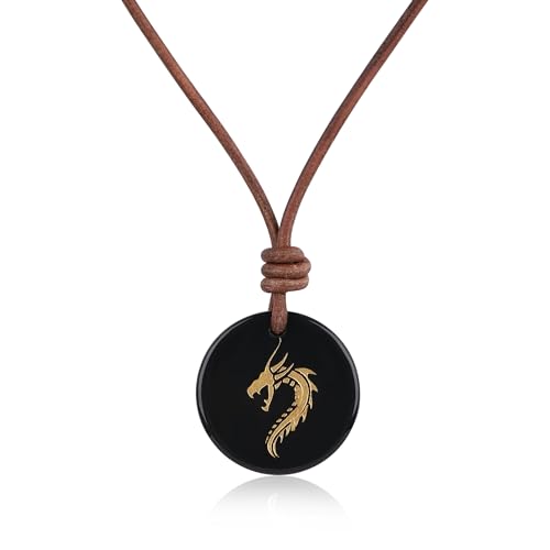 COAI Echtes italienisches Leder Halskette mit Schwarzer Obsidian Rundanhänger handgeschnitzt Drache für Herren von COAI