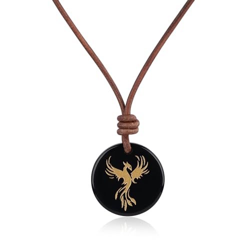 COAI Echtes italienisches Leder Halskette mit Schwarzer Obsidian Rundanhänger handgeschnitzt Phönix für Herren von COAI