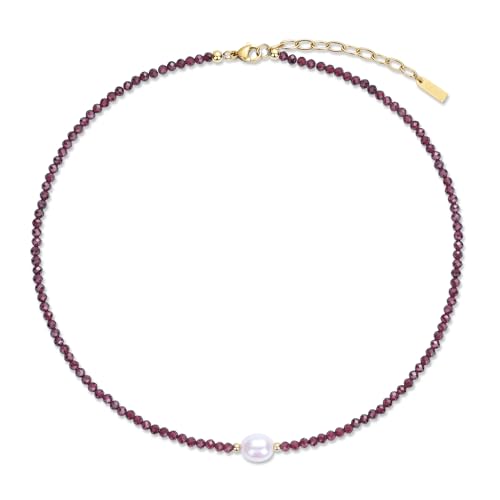 COAI Frauen Perlenkette aus 3 mm facettierten roten Granat Perlen und 11x8 mm natürlichen Süßwasserperlen Charm für Damen von COAI
