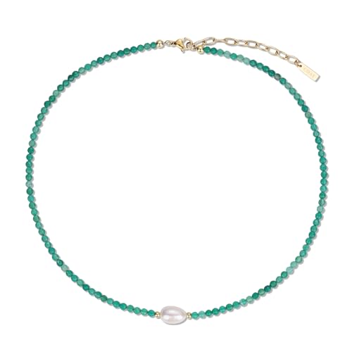 COAI Frauen Perlenkette aus 3 mm facettierten Grünen Achat Perlen und 11x8 mm natürlichen Süßwasserperlen Charm für Damen von COAI