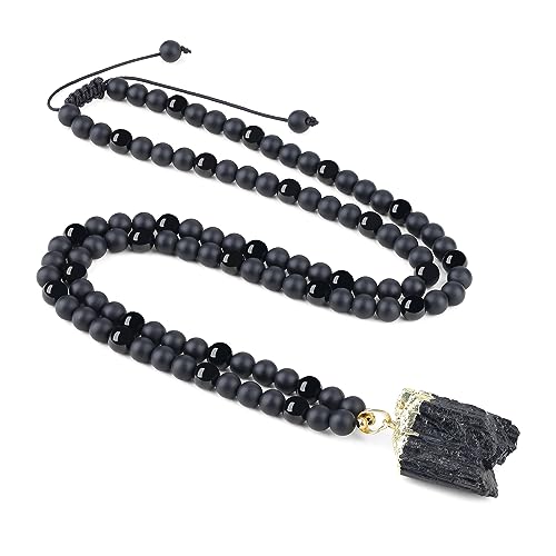 COAI Geschenkideen 108 Mala Kette aus Mattem Onyx und Turmalin mit Rohem Schörl Anhänger von COAI