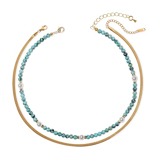 COAI Geschenkideen 18K Vergoldete Fischgrätkette Halskette 2PCS Damen Choker aus Afrikanischem Türkis Muschelperlen von COAI