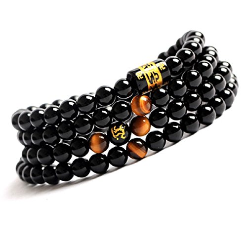 COAI Geschenkideen 6mm Tigerauge und Schwarzer Onyx Damen Tibetisches Gebetskette 108 Malakette Wickelarmband Halskette von COAI