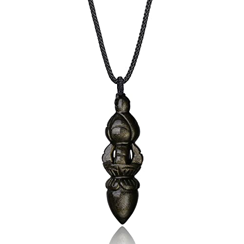 COAI Geschenkideen Buddhismus Amulett Halskette mit Dorje Anhänger Gebetsanhänger Dorje Phurba aus Obsidian Gold von COAI