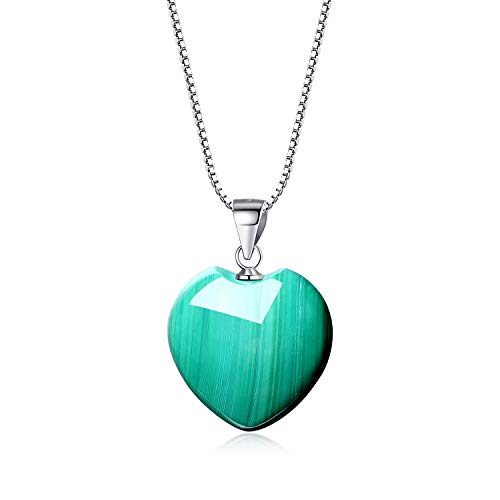 COAI Geschenkideen Damen 925 Sterling Silber Glückskette mit Herz Anhänger Liebe Anhänger aus Malachit Amulett Edelstein Halskette von COAI