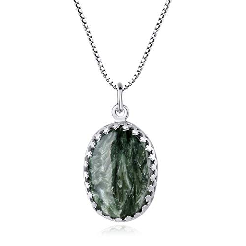 COAI Geschenkideen Damen 925 Sterling Silber Kette mit Oval Anhänger aus Grünem Seraphinite Glückskette Edelstein Anhänger von COAI