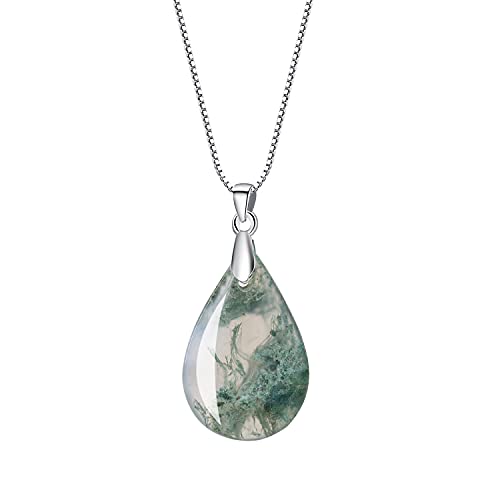 COAI Geschenkideen Damen 925 Sterling Silber Kette mit Wassertropfen Anhänger aus Moosachat Amulett Halskette Box Chain Kette von COAI
