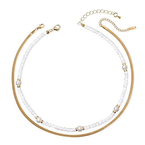 COAI Geschenkideen Damen Choker aus Mondstein Muschelperlen 18K Vergoldete Fischgrätkette Schlangenkette 2PCS von COAI