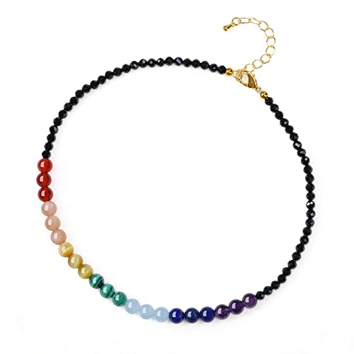 COAI Geschenkideen Damen Choker mit 7 Chakren Facettierter Schwarzer Spinell Halskette von COAI