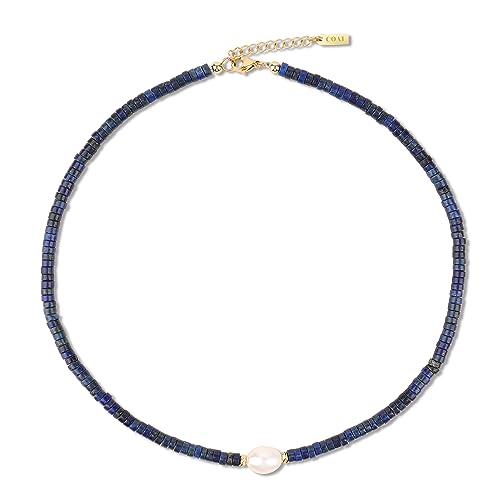 COAI Geschenkideen Damen Choker mit Natürlicher Weißen Süßwasserperle Lapislazuli Heishi Perlen Halskette von COAI