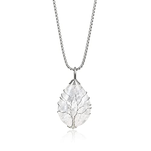 COAI Geschenkideen Damen Edelstahl Kette mit Wassertropfen Anhänger Baum des Lebens Anhänger aus Bergkristall von COAI