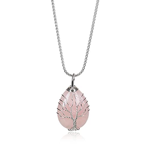 COAI Geschenkideen Damen Edelstahl Kette mit Wassertropfen Anhänger Baum des Lebens Anhänger aus Rosenquarz von COAI