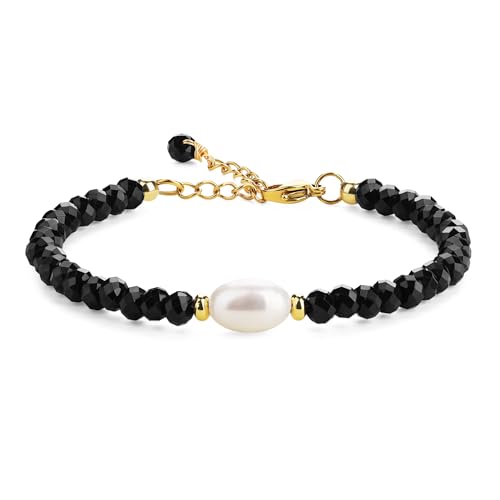 COAI Geschenkideen Damen Glücksarmband aus Facettiertem Onyx und Süßwasserperle Strangarmband von COAI