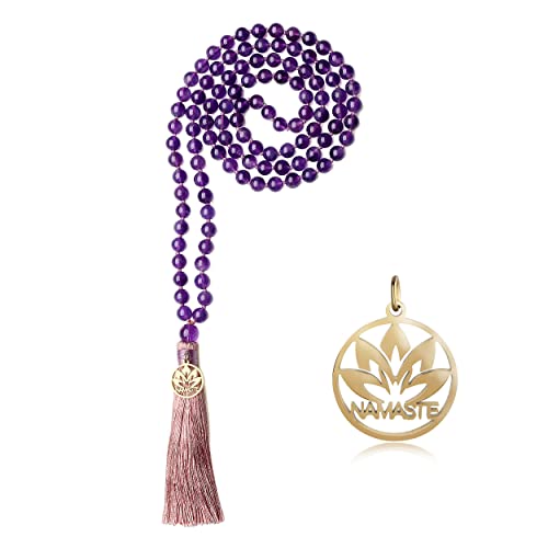 COAI Geschenkideen Damen Verknotete 108 Mala Kette Meditationskette Gebetskette aus Amethyst mit Namaste Charm von COAI