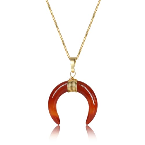 COAI Geschenkideen Doppelhorn Mond Anhänger aus Achat Rot Amulett Halskette Box Chain Kette für Damen von COAI