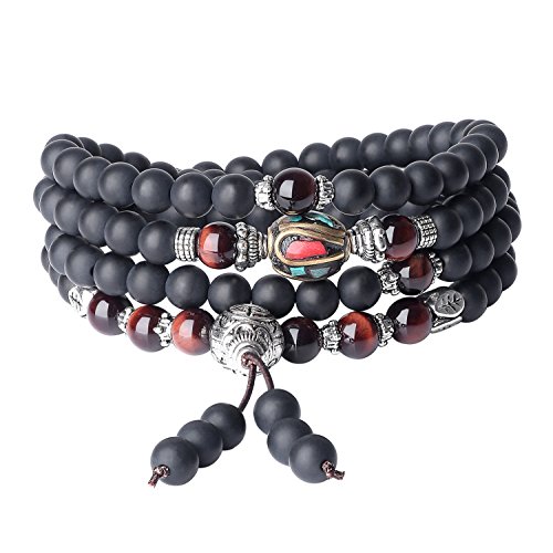 COAI Geschenkideen Gebetsarmband aus 108 Geschliffenem Onyx und Rotem Tigerauge mit Nepalesischer Perlen Tibetisches Wickelarmband Halskette für Damen und Herren COAI Geschenkideen Gebetsarmband aus 108 Geschliffenem Onyx und Rotem Tigerauge mit Nepalesischer Perlen Tibetisches Wickelarmband Halskette für Damen und Herren von COAI