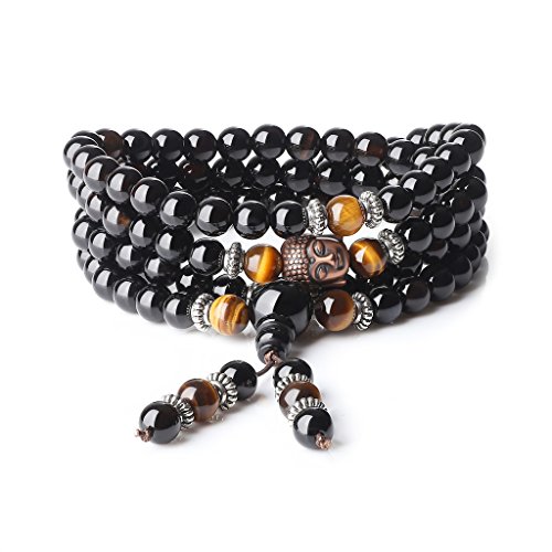 COAI Geschenkideen Glückskette 108 Mala Wickelarmband aus Onyx und Gelbem Tigerauge mit Buddha Charm von COAI