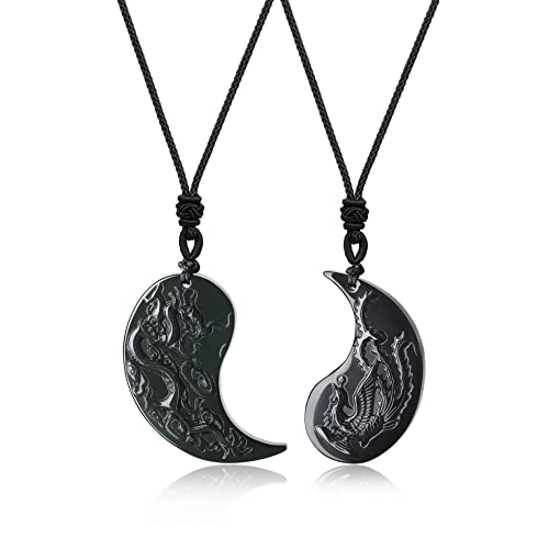 COAI Geschenkideen Glückskette aus Obsidian Taichi Yin und Yang Drachen und Phönix Gravur Anhänger EIN Paar Partner Ketten von COAI