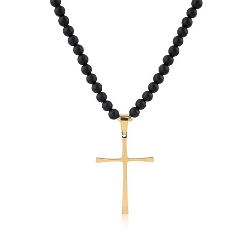 COAI Geschenkideen Herren Biker Halskette aus Mattem Onyx mit Silbrigem Kreuz Anhänger von COAI