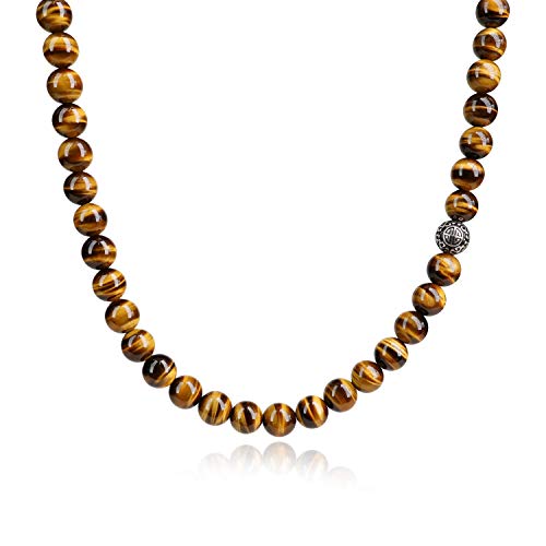 COAI Geschenkideen Herren Halskette aus Tigerauge Perlenkette Bead Kette mit Chinesischer Langlebigkeit Charm aus Silber 65cm von COAI