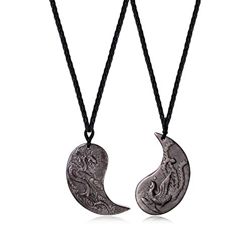 COAI Geschenkideen Paare Glückskette aus Obsidian Silber Taichi Ying und Yang Drache und Phönix Gravur Anhänger Pärchen Ketten von COAI